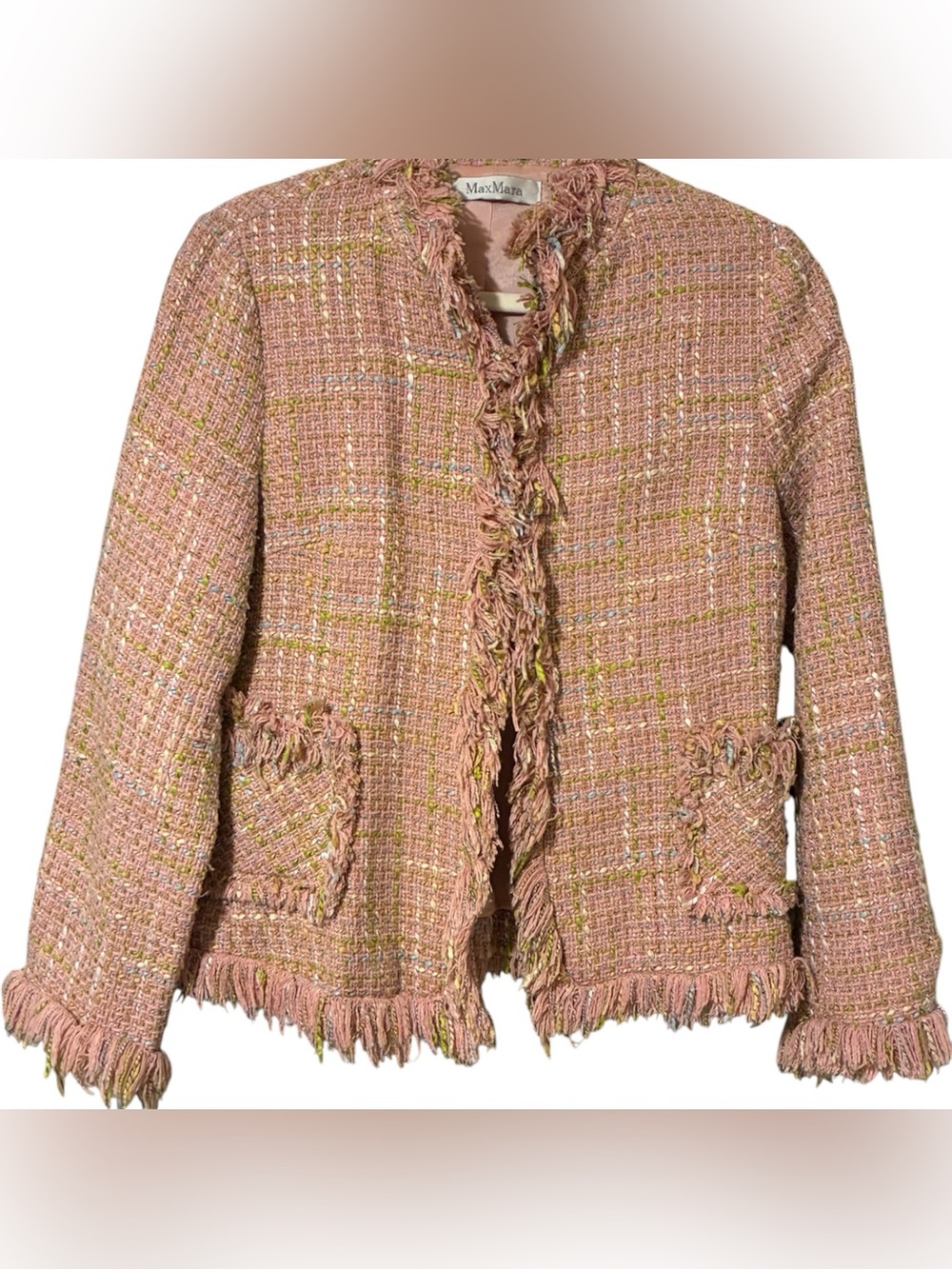 MaxMara Blush Pink Tweed Fringe-Trim Blazer Jacket Boucle Pastel Cozy Spring S